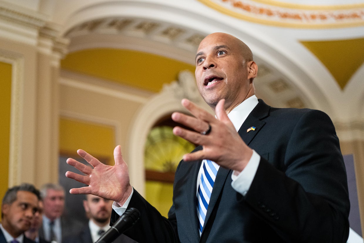 Sen. Cory Booker speaks during the Senate Democrats' news conference in the U.S. Capitol on Tuesday, March 4, 2025.