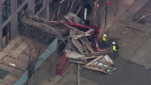 An aerial view of collapsed scaffolding outside a Midtown Manhattan building 