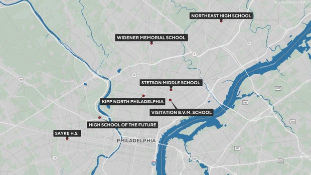 A map showing the possible locations for speed cameras: Sayre High School, High School of the Future, KIPP North Philadelphia, VIsitation BVM School, Stetson Middle School, Widener Memorial School, Northeast High School 
