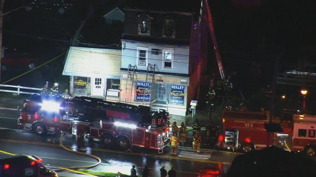 Chopper view of smoke and fire crews at a fire on Black Horse Pike in Gloucester Township