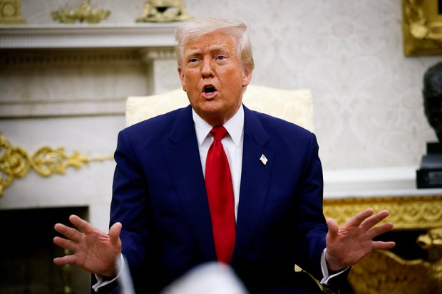 President Trump speaks during a meeting with Israeli Prime Minister Benjamin Netanyahu in the Oval Office of the White House on April 7, 2025 in Washington, DC. 