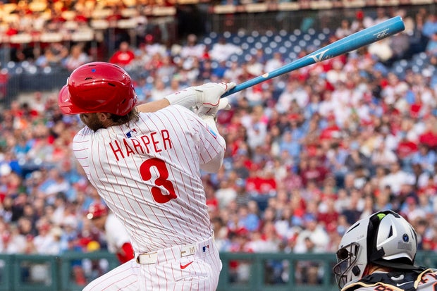 Bryce Harper uses a baby blue bat during a game at Citizens Bank Park