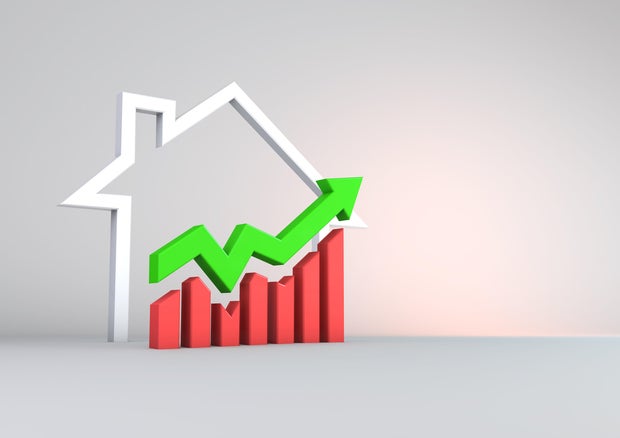 A 3D illustration of a graph, arrow and a house in finance 