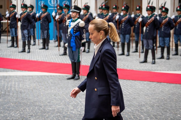Italian Prime Minister Giorgia Meloni arrives to receive the 