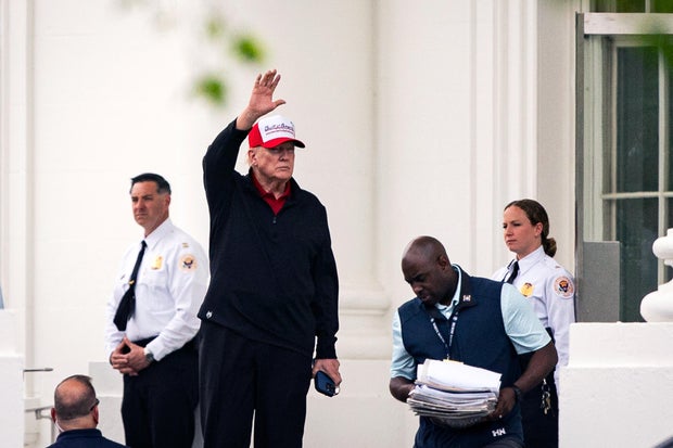 President Trump departs the North Portico of the White House on April 20, 2025 in Washington, DC. Trump is traveling to Trump National Golf Club in Sterling, Virginia on Easter. 