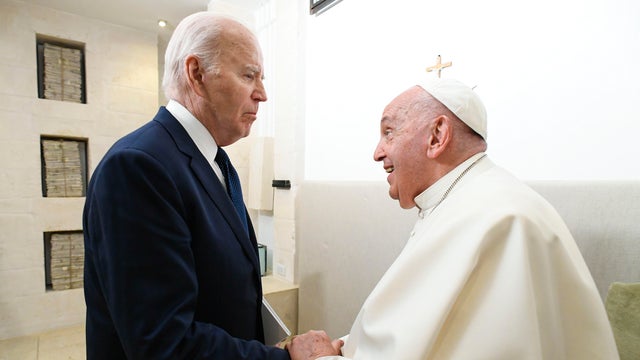 Pope Francis meets with President Joe Biden during the G7 Leaders Summit on day two of the 50th G7 summit at Borgo Egnazia on June 14, 2024 in Fasano, Italy. 