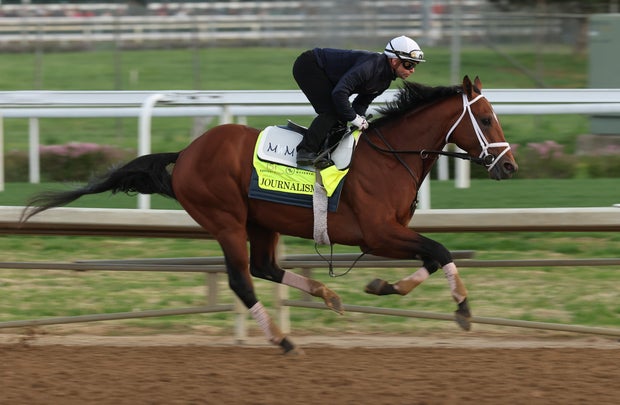 Journalism runs on the track during morning training in preparation for the Kentucky Derby at Churchill Downs on April 25, 2025, in Louisville, Kentucky.