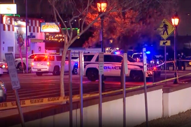 In this image made from video footage provided by AZFamily.com, first responders work the scene of a shooting in Glendale, a suburb of Phoenix, Arizona, May 4, 2025. 