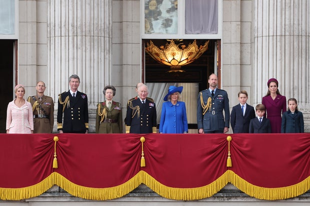 The Royal Family Watch Military Procession To Mark The 80th Anniversary Of VE Day