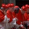 Cardinals inside Sistine Chapel for papal conclave, sing "Veni, creator Spiritus"