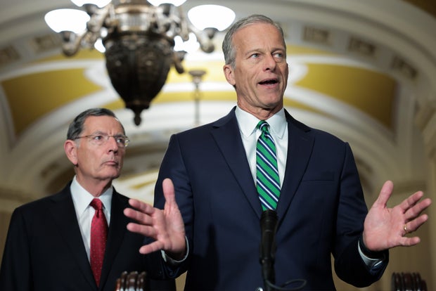 Senate Majority Leader John Thune speaks to reporters alongside Senate Majority Whip John Barrasso following the weekly Republican Senate policy luncheon at the U.S. Capitol on May 06, 2025 in Washington, DC.