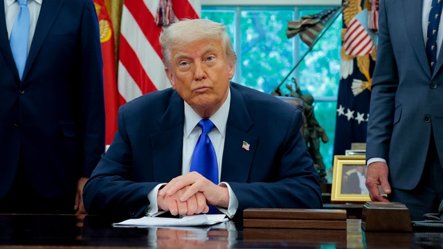 President Trump takes a question from a reporter in the Oval Office at the White House on May 05, 2025 in Washington, DC. 