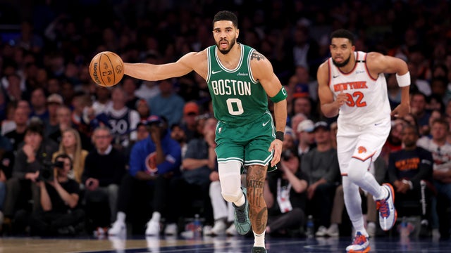 Jayson Tatum #0 of the Boston Celtics dribbles against the New York Knicks during the third quarter in Game Three of the Eastern Conference Second Round NBA Playoffs at Madison Square Garden on May 10, 2025 in New York City. 