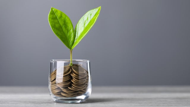 Savings concept - Tiny piggy bank on pennies 