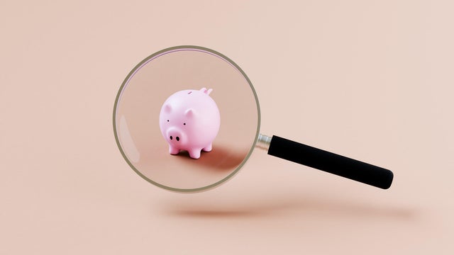 Magnifying glass with piggy bank its its focus 