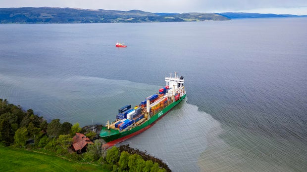 Aerial view shows Trondheim, Norway, almost hit the house on a 443-foot container ship on the coast of Trondheimsfjord outside Trondheim on May 22, 2025.