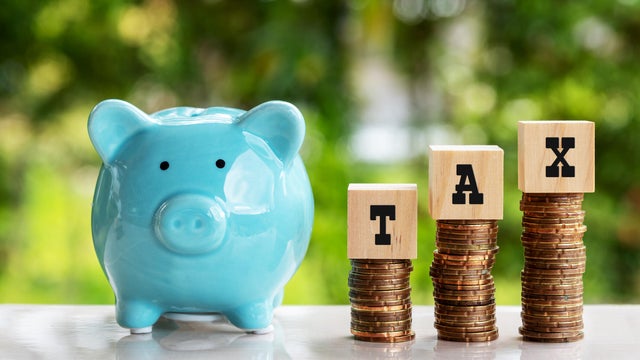 Piggy bank TAX text on wood blocks on coins stack 