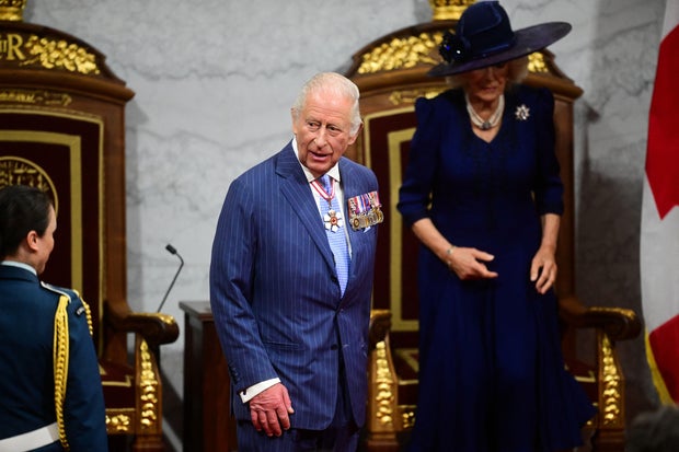 Britain's King Charles III and Britain's Queen Camilla arrive to open the first session of the 45th Parliament of Canada at the Senate of Canada in Ottawa on May 27, 2025.
