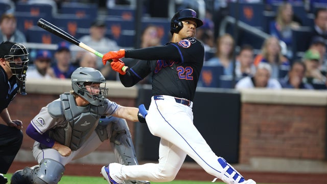 Juan Soto #22 of the New York Mets hits a double and drives in a run against the Colorado Rockies in the third inning against the Colorado Rockies during their game at Citi Field on May 30, 2025 in New York City. 