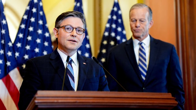 House Speaker Mike Johnson, a Republican from Louisiana, left, and Senate Majority Leader John Thune, a Republican from South Dakota, during a news conference at the US Capitol in Washington, DC, on Thursday, April 10, 2025. 