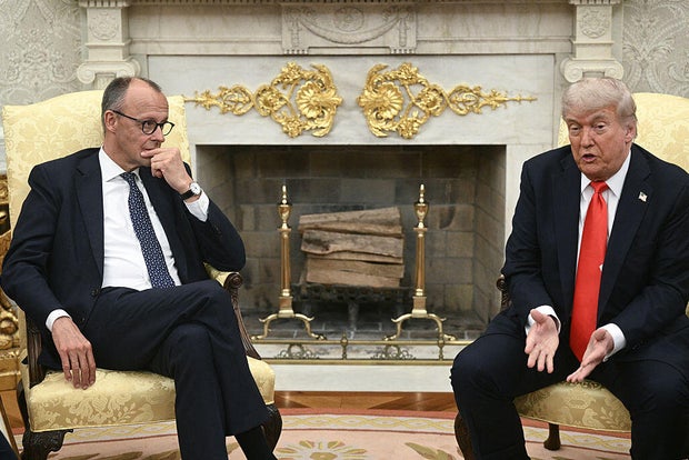 President Trump speaks during a meeting with German Chancellor Friedrich Merz in the Oval Office of the White House in Washington, D.C., on June 5, 2025. 
