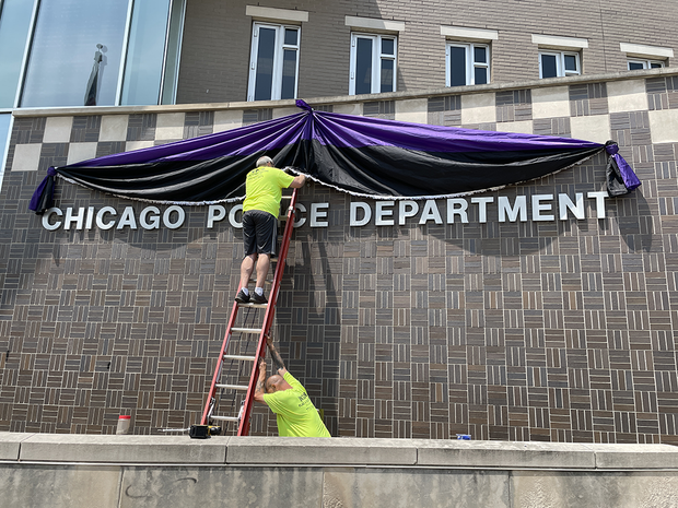 Bunting being hung at the 6th District headquarters after the death of Ofc. Krystal Rivera. 