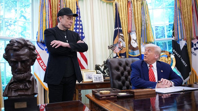 President Trump and Elon Musk speak to reporters in the Oval Office of the White House on May 30, 2025. 