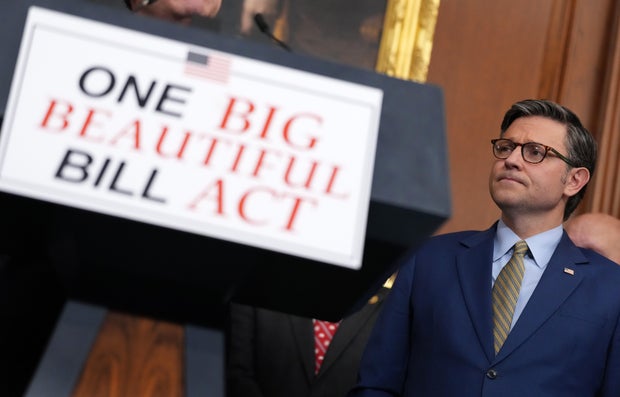 Speaker of the House Mike Johnson holds a press conference after the House narrowly passed a bill forwarding President Trump's agenda at the U.S. Capitol on May 22, 2025, in Washington, D.C.  
