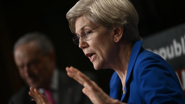 Sen. Elizabeth Warren speaks during a press conference on the Republican budget, on Capitol Hill in Washington, DC, on April 3, 2025. 