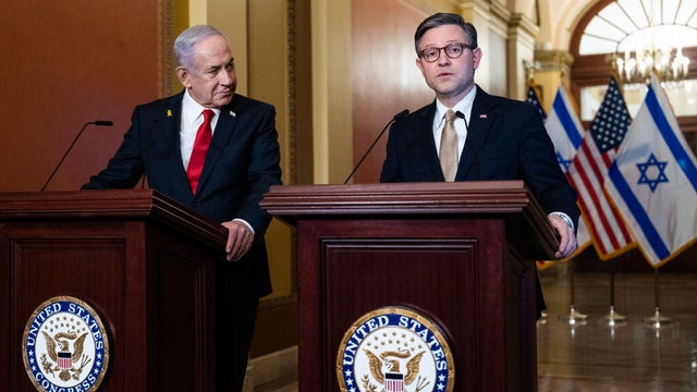 Israeli Prime Minister Benjamin Netanyahu, left, and and Speaker of the House Mike Johnson address the media after a meeting in the U.S. Capitol on Friday, February 7, 2025. 