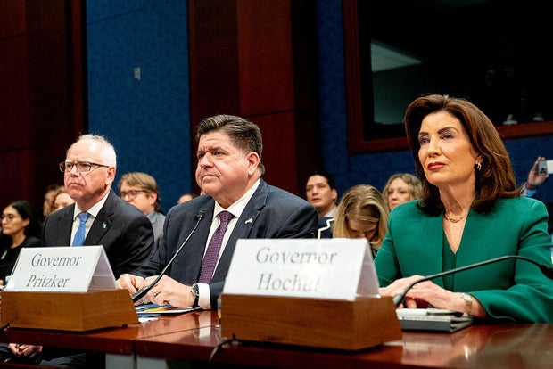 Govs. Tim Walz, J.B. Pritzker and Kathy Hochul testify before the House Oversight and Accountability Committee on Thursday, June 12, 2025. 