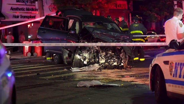 An SUV with severe front-end damage 