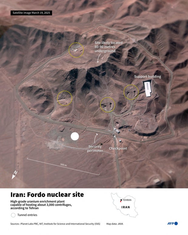 Map of the Fordo nuclear site in Iran