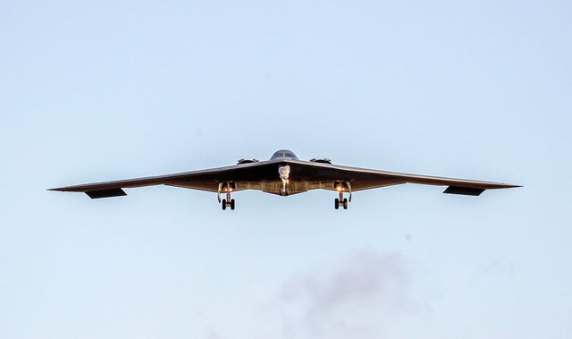 A U.S. Air Force B-2 Spirit stealth bomber lands at RAF Fairford in Gloucestershire. 