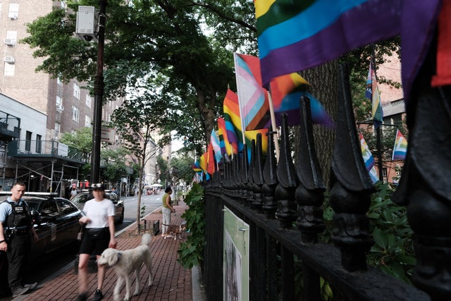 Pride flags fly in the wind at the Stonewall National Monument in Manhattan's West Village on June 19, 2023 in New York City. 