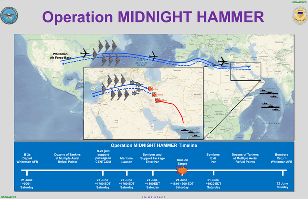 A graphic released by the Pentagon shows the flight path and timeline of Operation Midnight Hammer, the U.S. operation to strike nuclear sites in Iran on Saturday, June 21, 2025. 