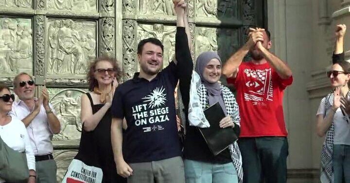 Mahmoud Khalil returns to Columbia, vows to continue fight for Palestinians 