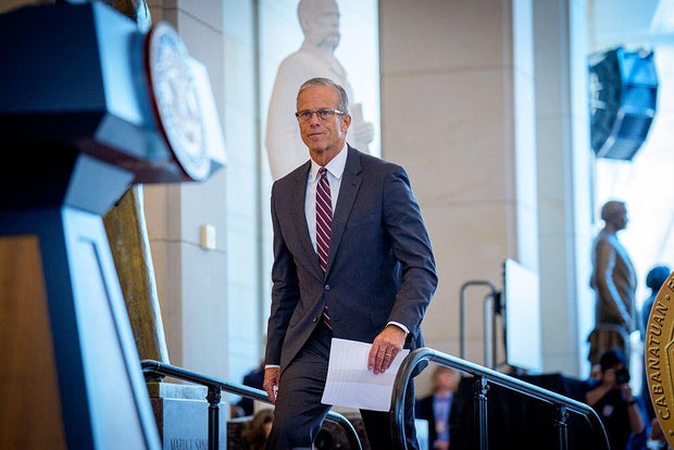 Senate Majority Leader John Thune takes the stage to speak during a Congressional Gold Medal ceremony on Capitol Hill on June 26, 2025, in Washington, D.C. 