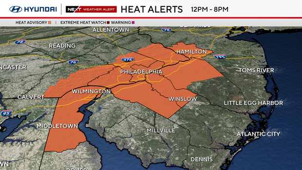 A map showing counties in the Philadelphia region under a heat advisory. Highlighted are New Castle County, Chester, Delaware, Montgomery, Bucks, Philadelphia, Gloucester, Camden, Burlington, Mercer counties. 
