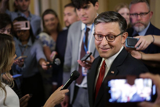 House Speaker Mike Johnson of Louisiana speaks to reporters outside his office at the U.S. Capitol in Washington, D.C., on July 3, 2025 