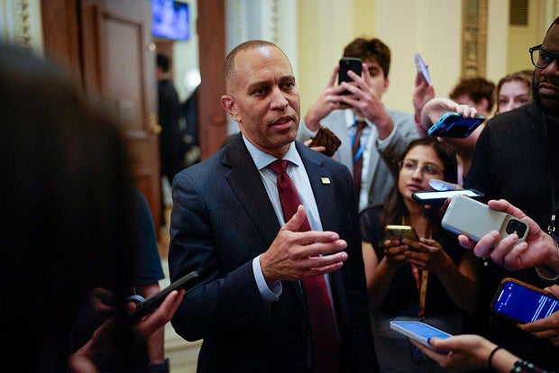 House Minority Leader Hakeem Jeffries of New York talks to reporters arsenic  helium  leaves the House level  astatine  the U.S. Capitol successful  Washington, D.C., connected  July 3, 2025. 