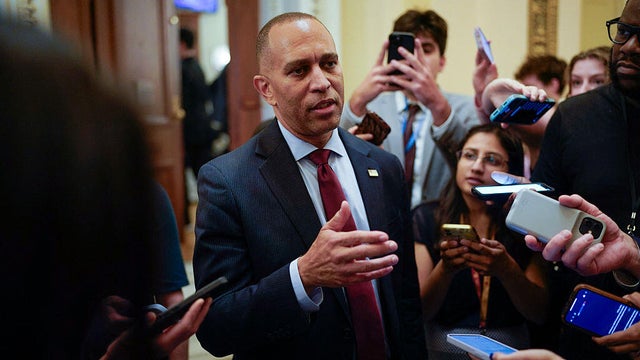 House Minority Leader Hakeem Jeffries of New York talks to reporters as he leaves the House floor at the U.S. Capitol in Washington, D.C., on July 3, 2025. 