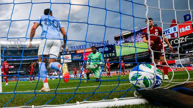Toronto FC goalkeeper Sean Johnson (1) fails to stop a goal by New York City FC forward Hannes Wolf during the first half of an MLS soccer match Thursday, July 3, 2025, in New York. 