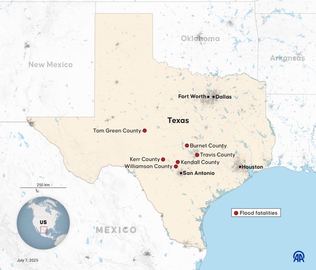 Map of floods in state of Texas 