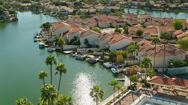 High Angle Aerial View of Waterfront Homes in Gilbert, Arizona 