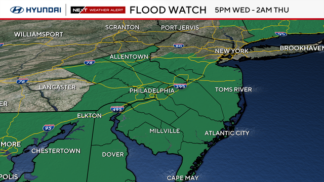 Flood watch in effect across much of the Philadelphia area Wednesday from 5 p.m. to 2 a.m. Thursday 