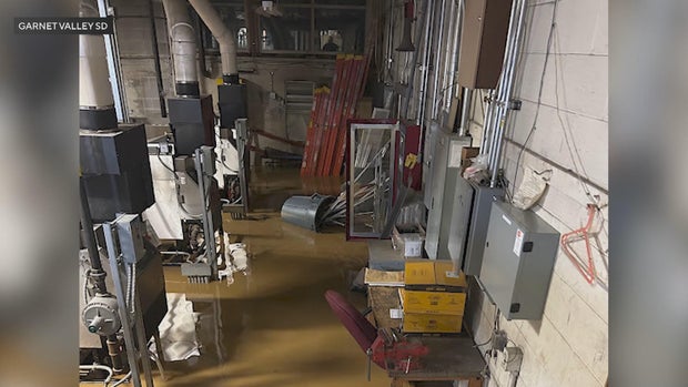 A photo from the school district shows standing dirty water in an electrical room at Garnet Valley High School 