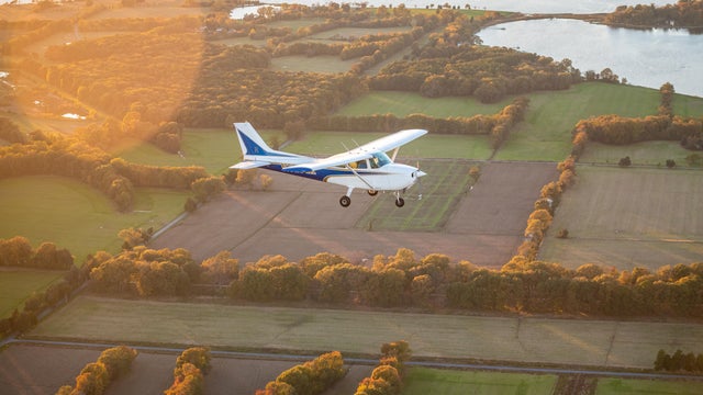 A cessna 172 taking a sunset flight over the Chesapeake Bay in Maryland 