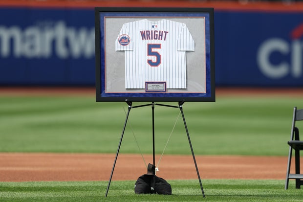 The jersey of former New York Mets player David Wright is displayed during his number retirement ceremony before the game between the New York Mets and Cincinnati Reds at Citi Field on July 19, 2025 in the Queens borough of New York City. 