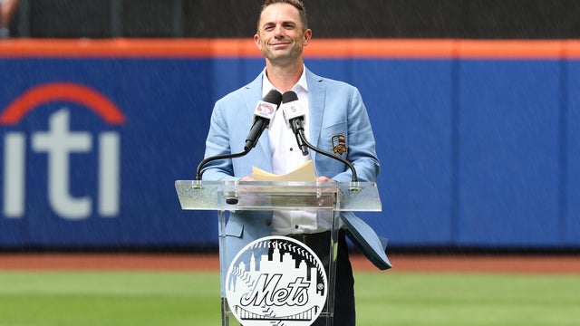Former New York Mets player David Wright speaks during his number retirement ceremony before the game between the New York Mets and Cincinnati Reds at Citi Field on July 19, 2025 in the Queens borough of New York City. 